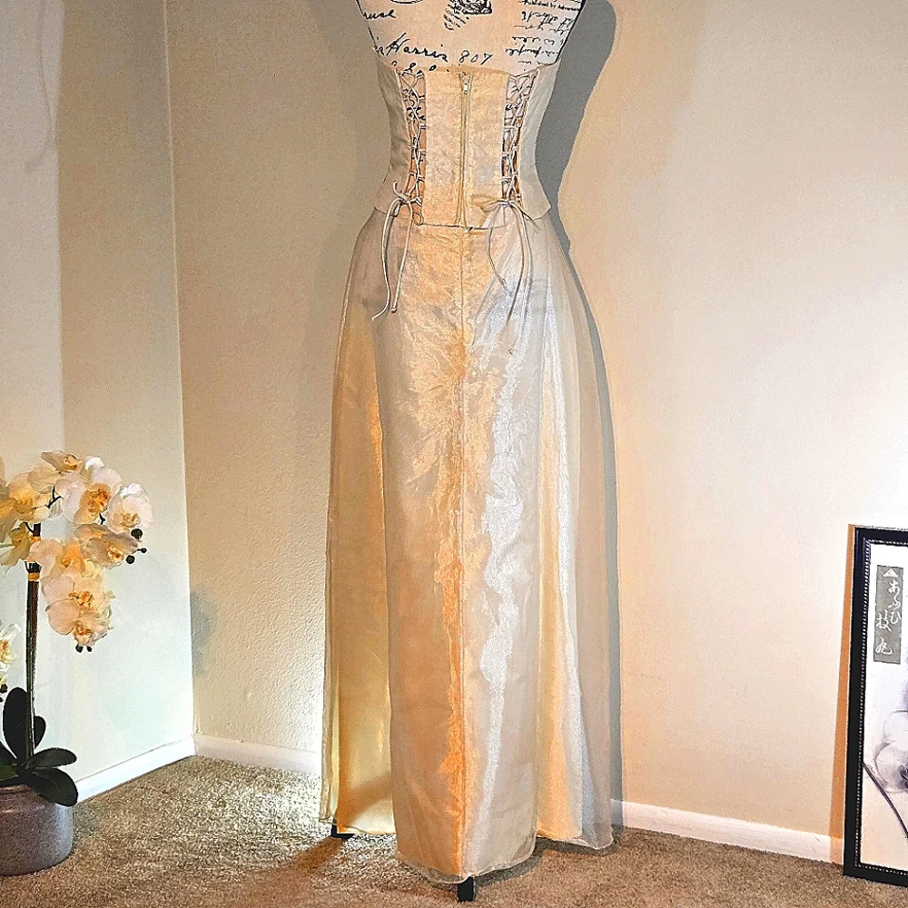 Y2K Creamy Pale Yellow & Gold Thread Organza Corset 2 Piece Prom Dress *READ* - Picture 2 of 11